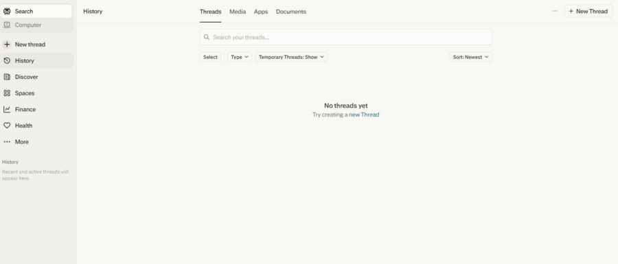 Screenshot of a messaging application interface with a sidebar displaying options like Search, New thread, History, and more. The main area shows "No threads yet," prompting to create a new thread. The tone is neutral and minimalistic.