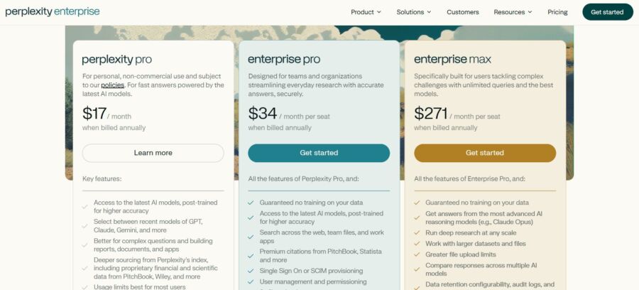 Pricing plans comparison for Perplexity Enterprise: Perplexity Pro, Enterprise Pro, and Enterprise Max. Features highlighted under each plan, with monthly rates displayed. Tone is professional and informative.