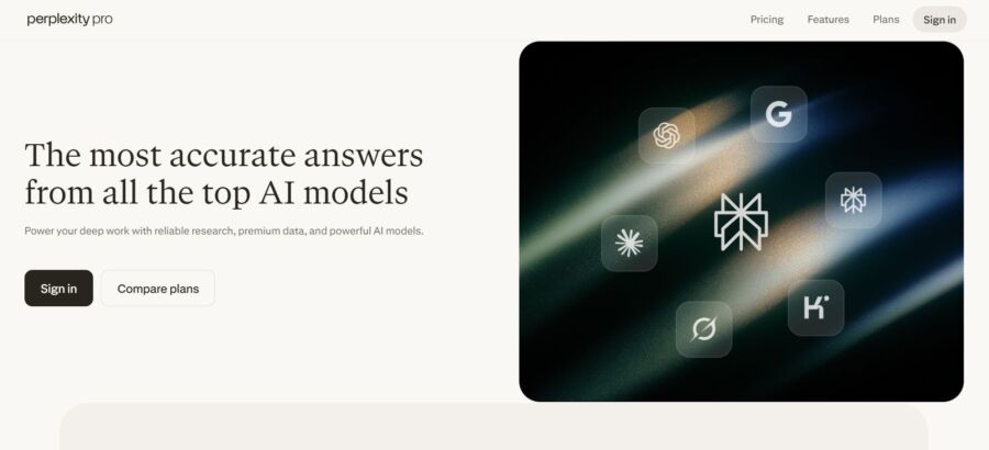 Perplexity Pro website showcasing AI logos on a dark background. Text promotes accurate answers from top AI models, with 'Sign in' and 'Compare plans' buttons.