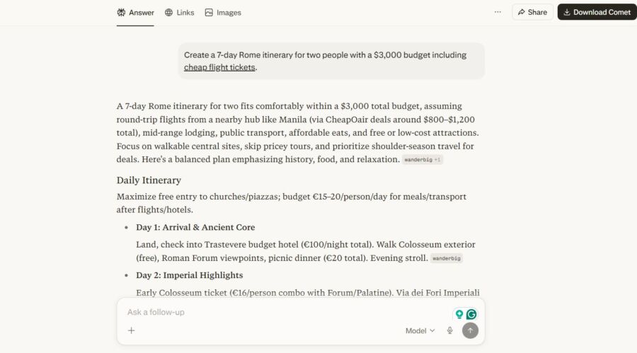 Screenshot of a travel itinerary for a budget-friendly 7-day Rome trip for two, totaling $3,000. Includes tips on affordable flights, mid-range lodging, and free attractions. Highlights budget management, local experiences, and key sights such as the Colosseum and Roman Forum