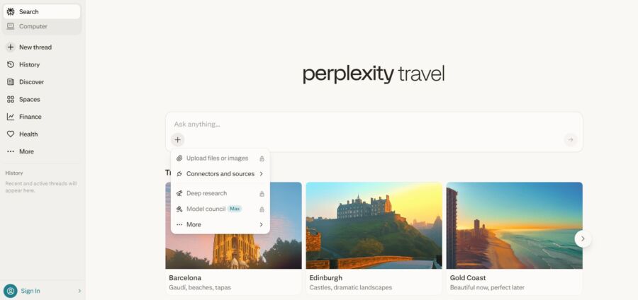 Perplexity travel web interface with search options on the left. Featured destinations include Barcelona, Edinburgh, and Gold Coast with scenic images