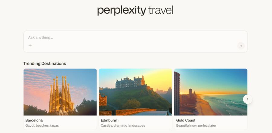 Perplexity Travel webpage showing trending destinations: Barcelona with Gaudí architecture, Edinburgh with castles, and Gold Coast with a sunset beach