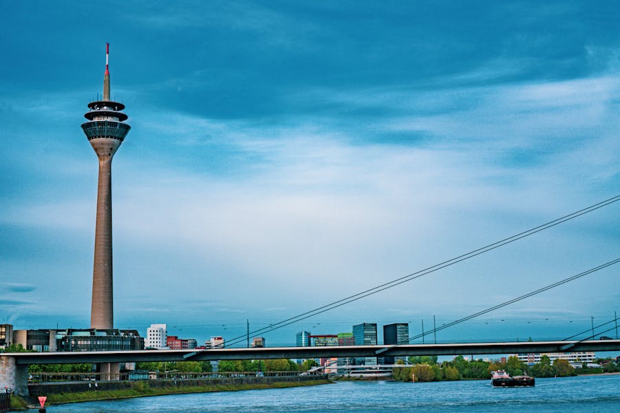 View of the Rhine Tower and Part of the Rheinkniebrucke in Dusseldorf, Germany 