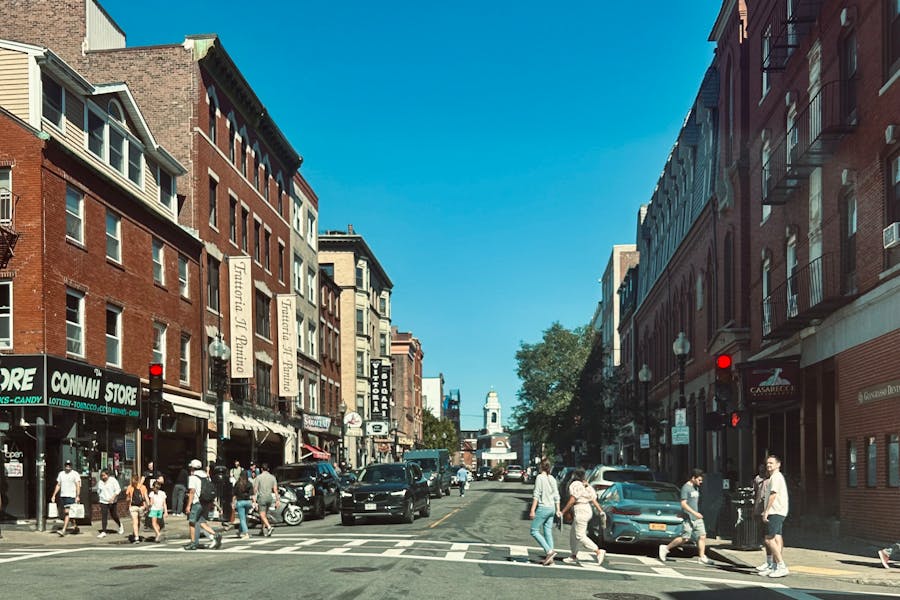 People on Hanover Street in Boston North End, USA