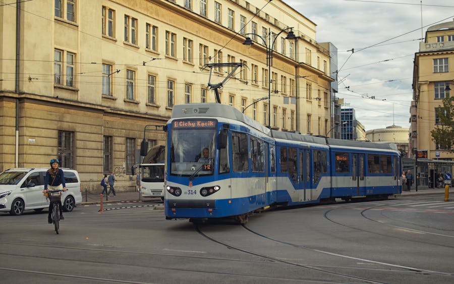 Tram on Street in Krakow, Poland