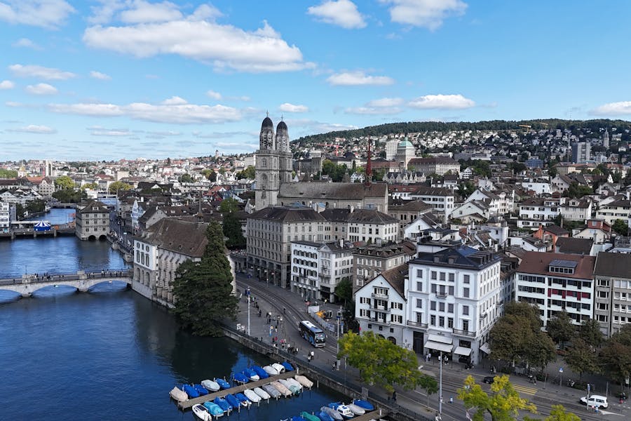 Aerial View of Zurich Cityscape with River and Historic Buildings