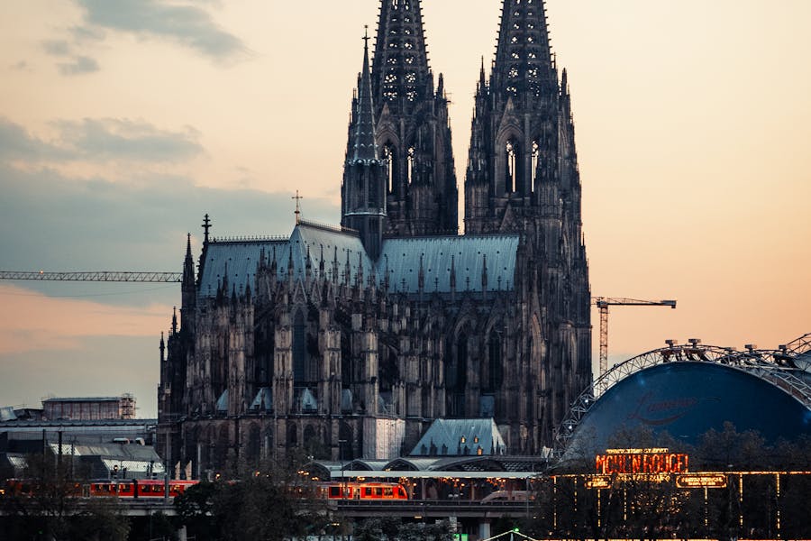 View of the Cologne Cathedral seen from the Rhine River in Cologne, Germany