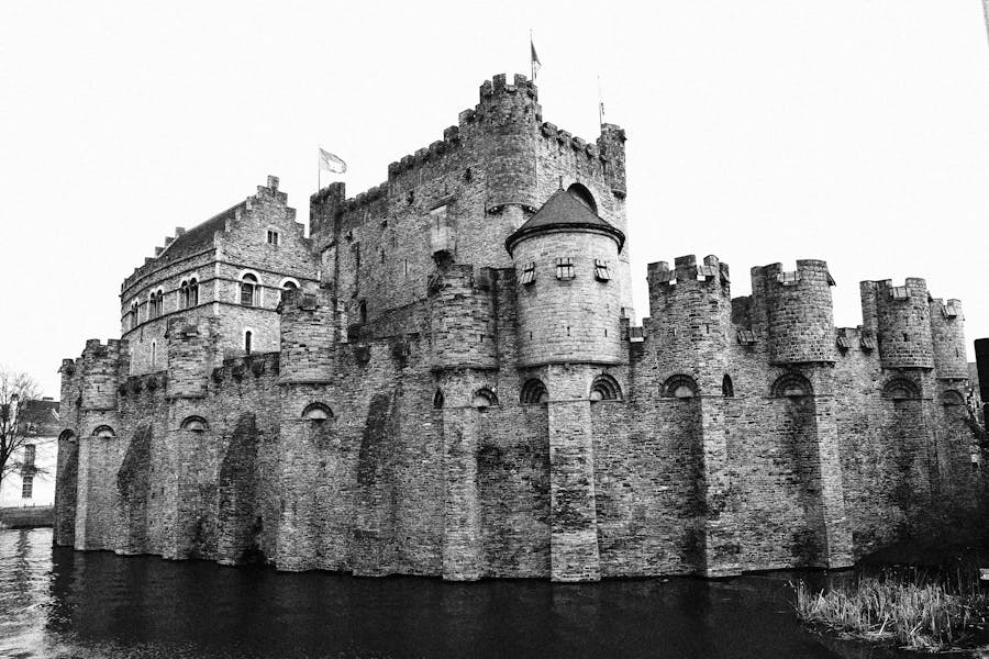 Grayscale Photo of Gravensteen Castle in Ghent, Belgium