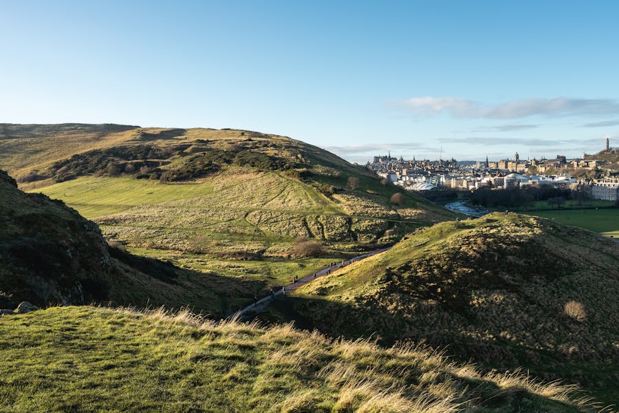 anoramic view of Edinburgh, From Arthurs Seat. Holyrood, Edinburgh, Scotland.