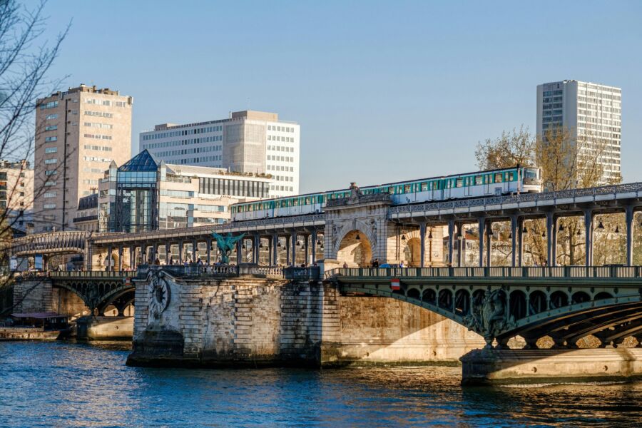 Paris Metro on Bir-Hakeim Bridge at Sunset