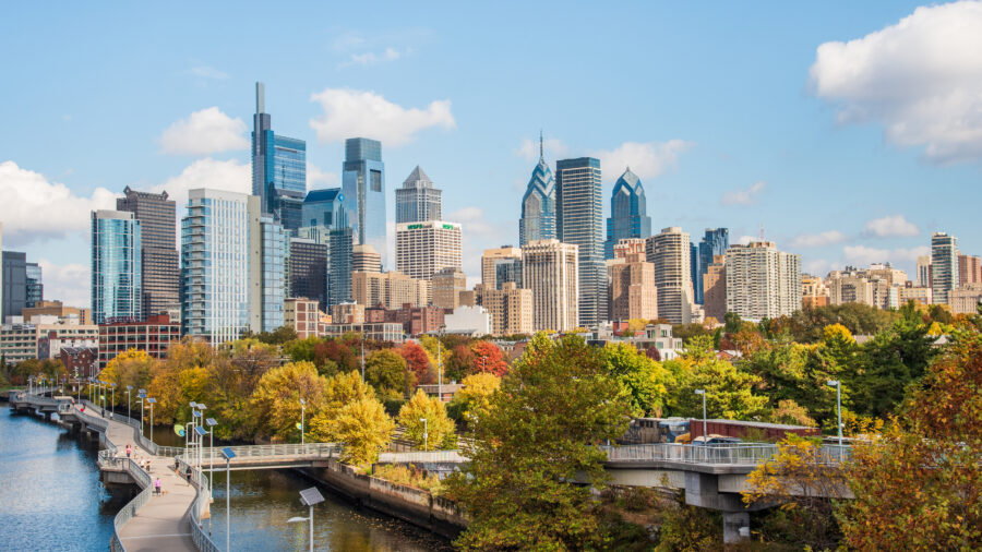 Panoramic view of the Philadelphia city skyline and various buildings