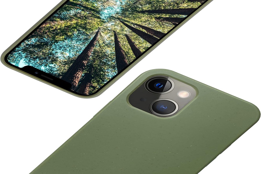 Modern smartphone with forest display and eco-friendly green matte case, featuring dual cameras.