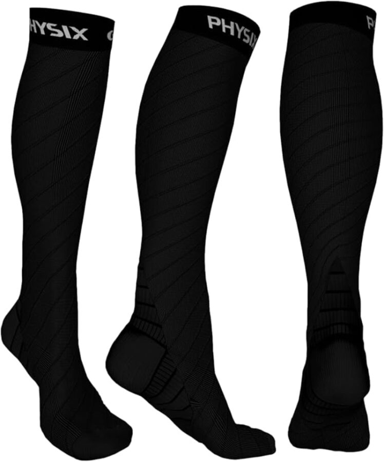 PhysFlex Travel Compression Socks in black, providing compression support for comfort during long journeys.

