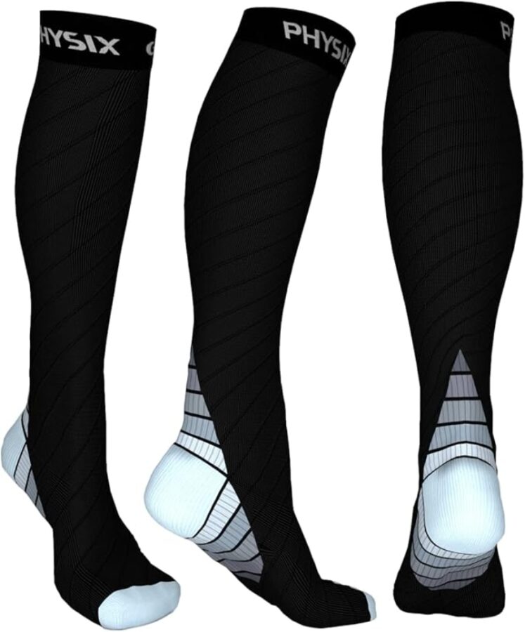 Black Physix Gear compression socks designed for support and comfort during physical activities.
