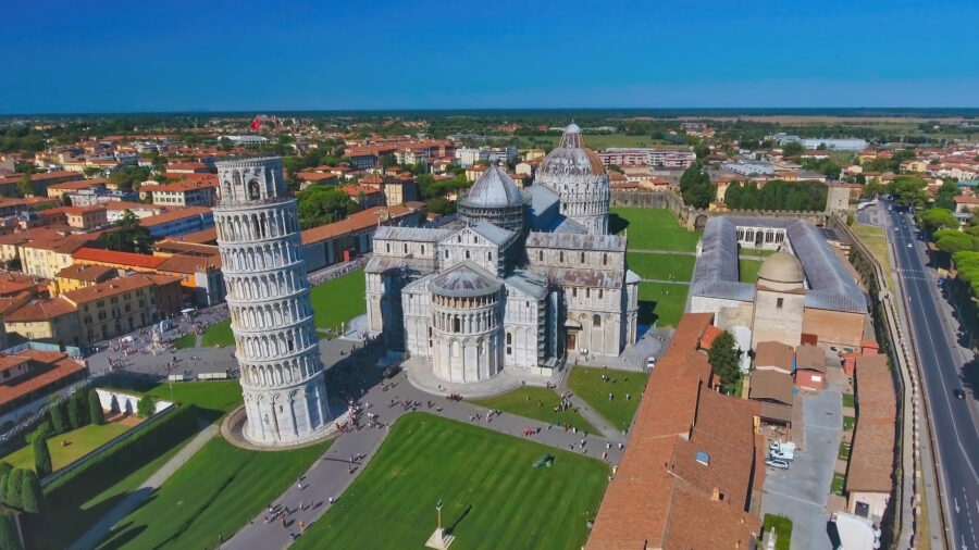 Aerial view of the Field of Miracles in Pisa, showcasing the iconic Piazza dei Miracoli and its historic architecture