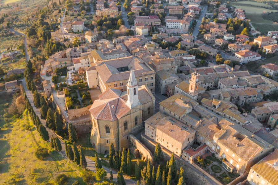 Aerial view of the main square in Pienza, Tuscany, showcasing its architecture and layout