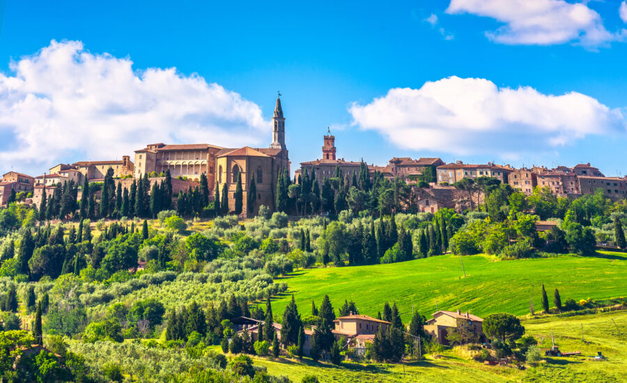 Scenic view of Pienza, a medieval village in Tuscany, surrounded by the rolling hills of Val d'Orcia, Italy