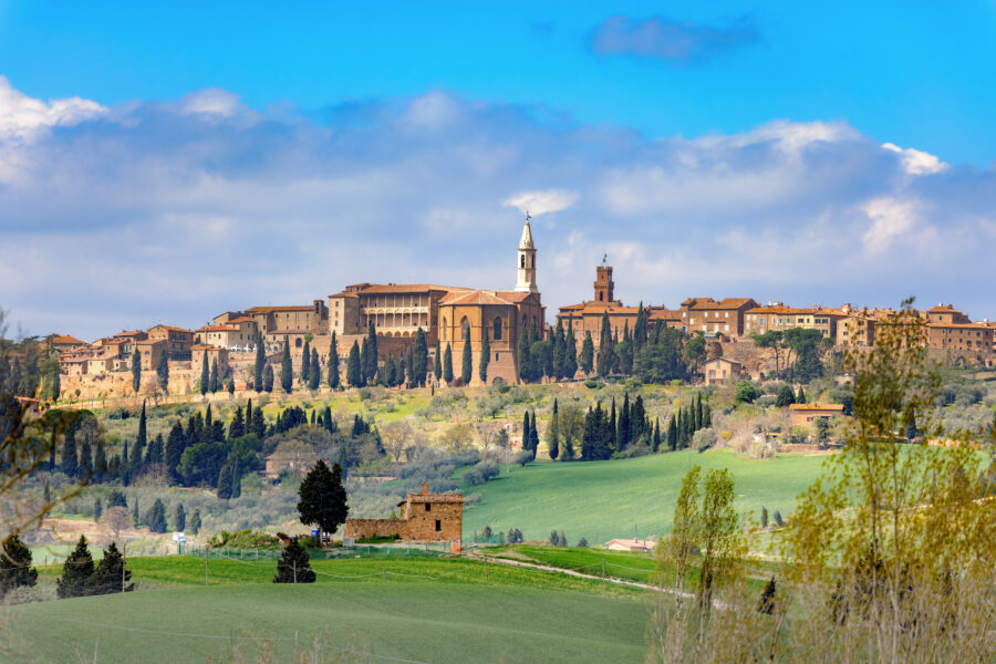 Scenic view of Pienza on a hill in the Val d'Orcia, showcasing the picturesque Tuscan landscape