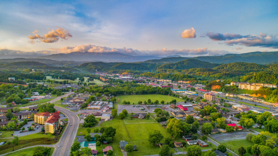 Scenic aerial perspective of Pigeon Forge, Tennessee, highlighting its vibrant attractions and natural landscape