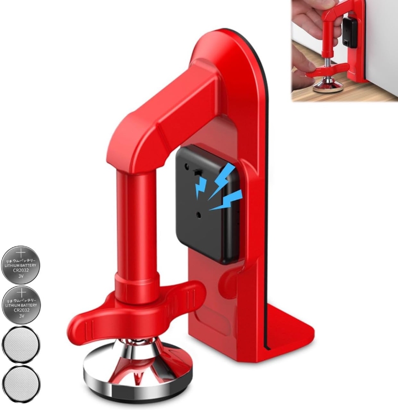Red and black plastic holder with a magnet, designed for the Piosarafiem Portable Door Alarm.