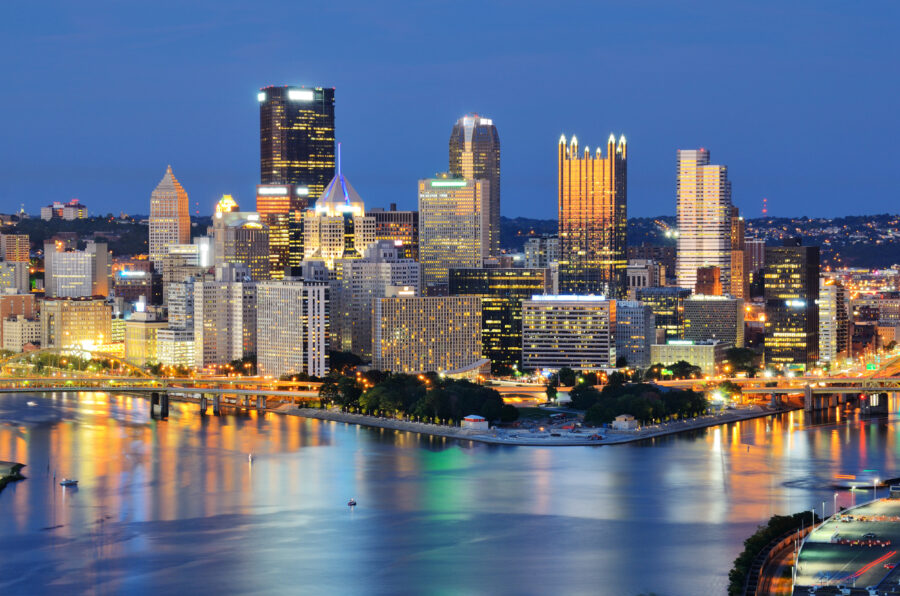 Aerial view of Pittsburgh, Pennsylvania at night, city skyline