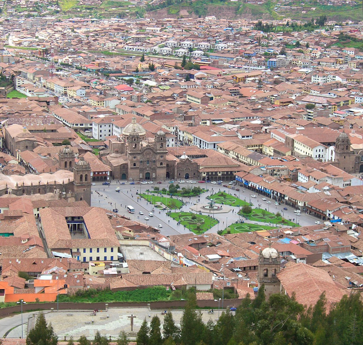 Aerial view of Plaza de Armas in Cusco, Peru, showcasing the historic architecture and vibrant city life.