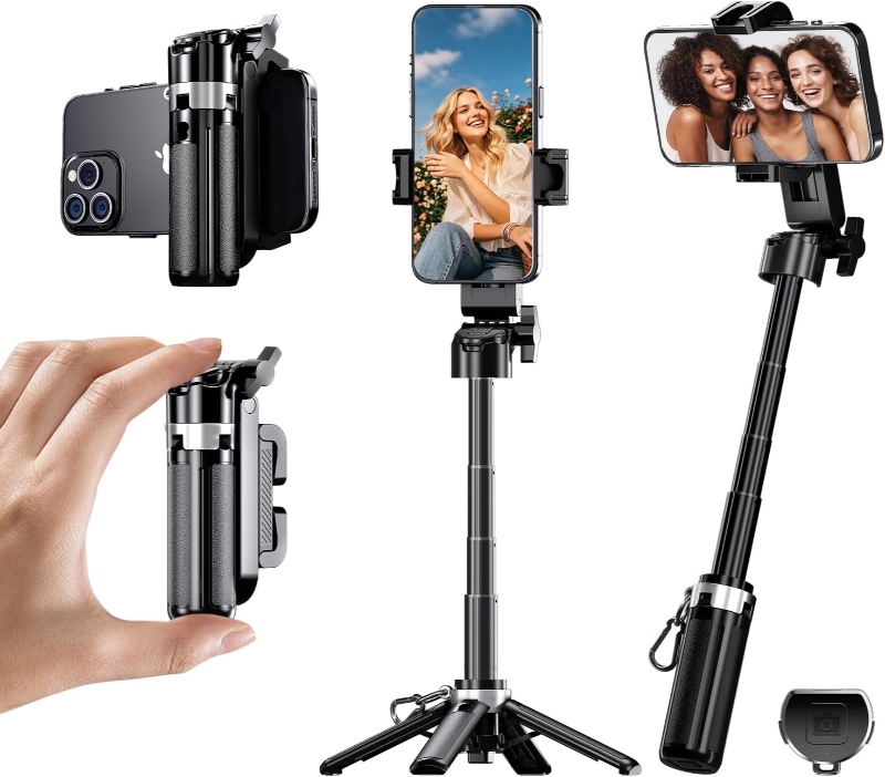 Pocketflex Mini Tripod with a phone attached, showcasing a selfie stick for capturing photos at various angles.