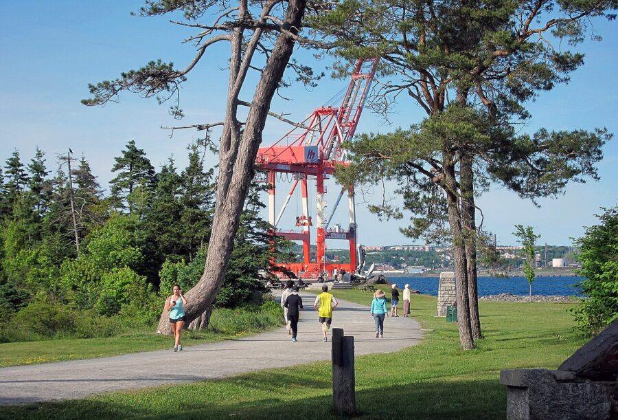 People stroll on a path in Point Pleasant Park, Halifax, with a large crane towering nearby among the trees.