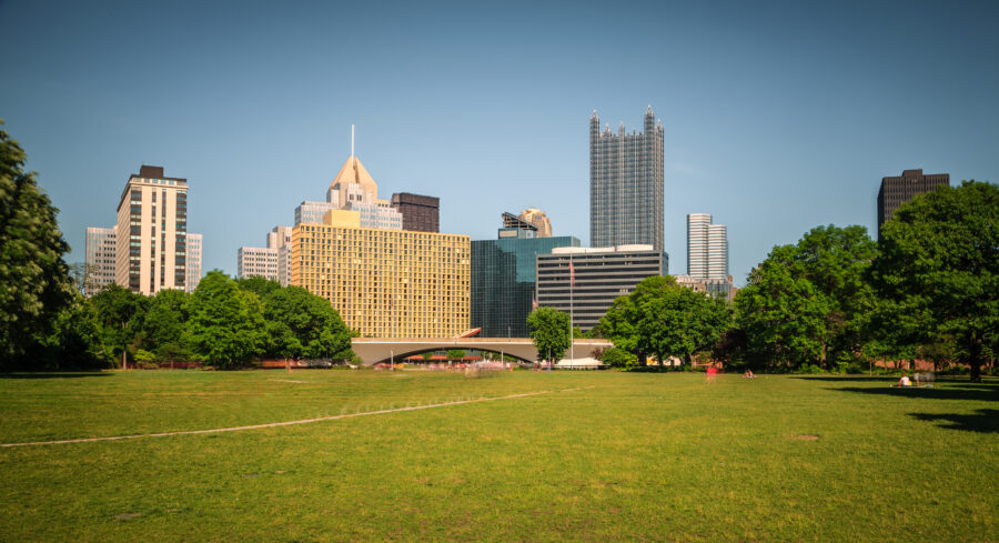 Panoramic view of Pittsburgh from Panoramic Point State Park, showing the city skyline