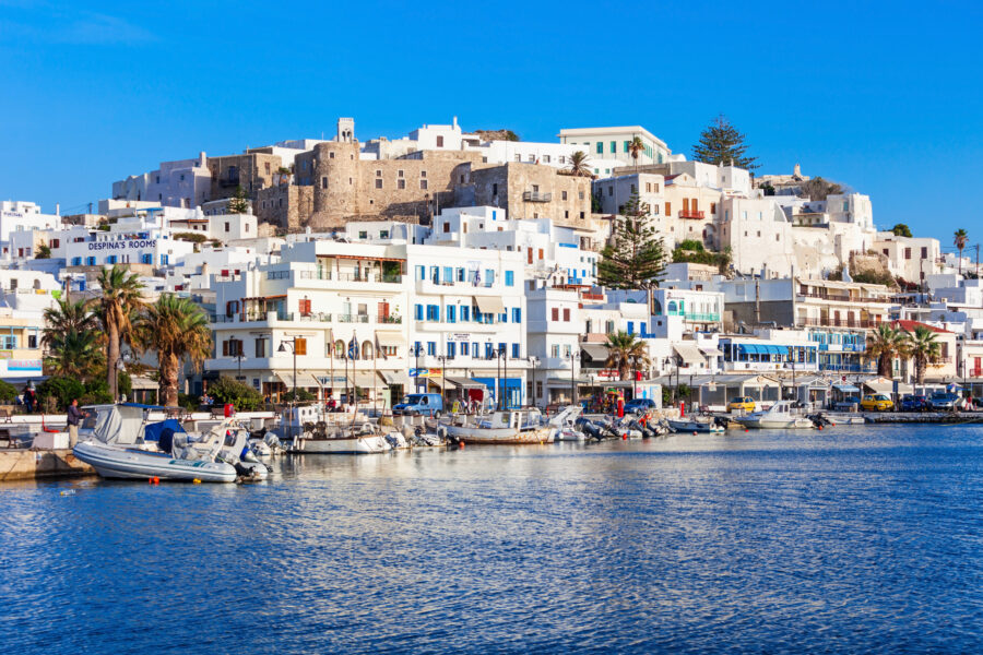The picturesque port of Naxos, Greece, featuring a calm body of water and scenic coastal landscape.