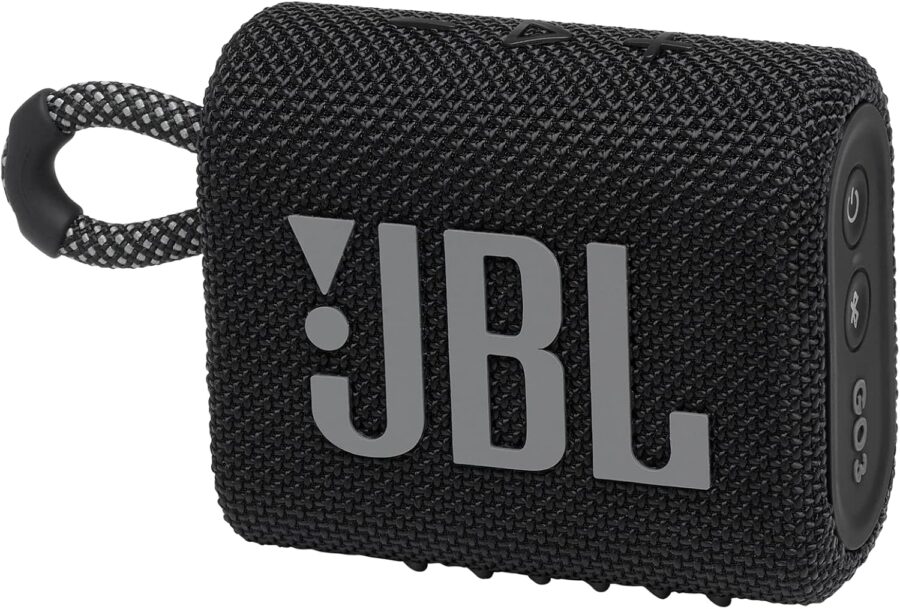 JBL Go 3 black portable Bluetooth speaker with fabric grille, side controls, and carry loop.