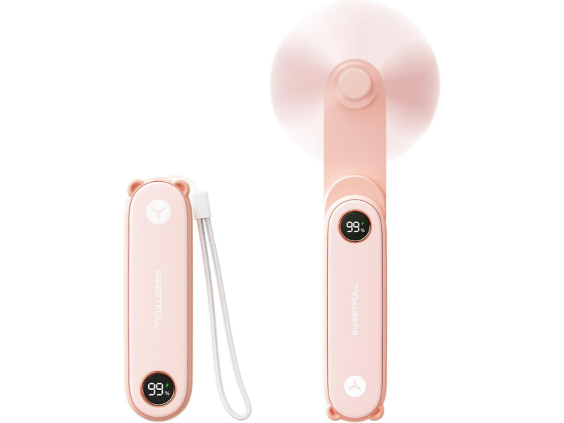 Pastel pink handheld fan with digital display, ergonomic design, and transparent blades for efficient cooling.