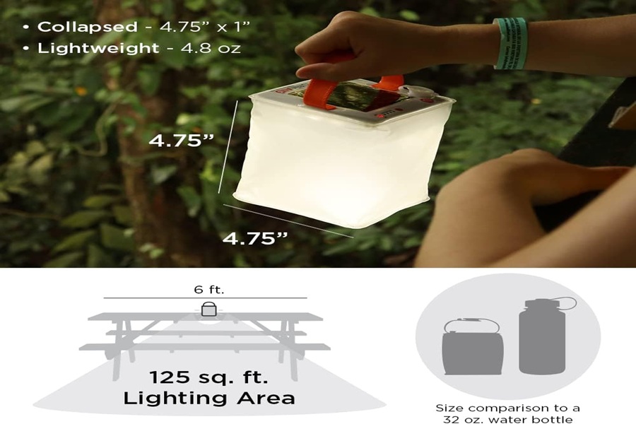 Compact portable lantern for camping, lightweight, collapsible, bright illumination outdoors.