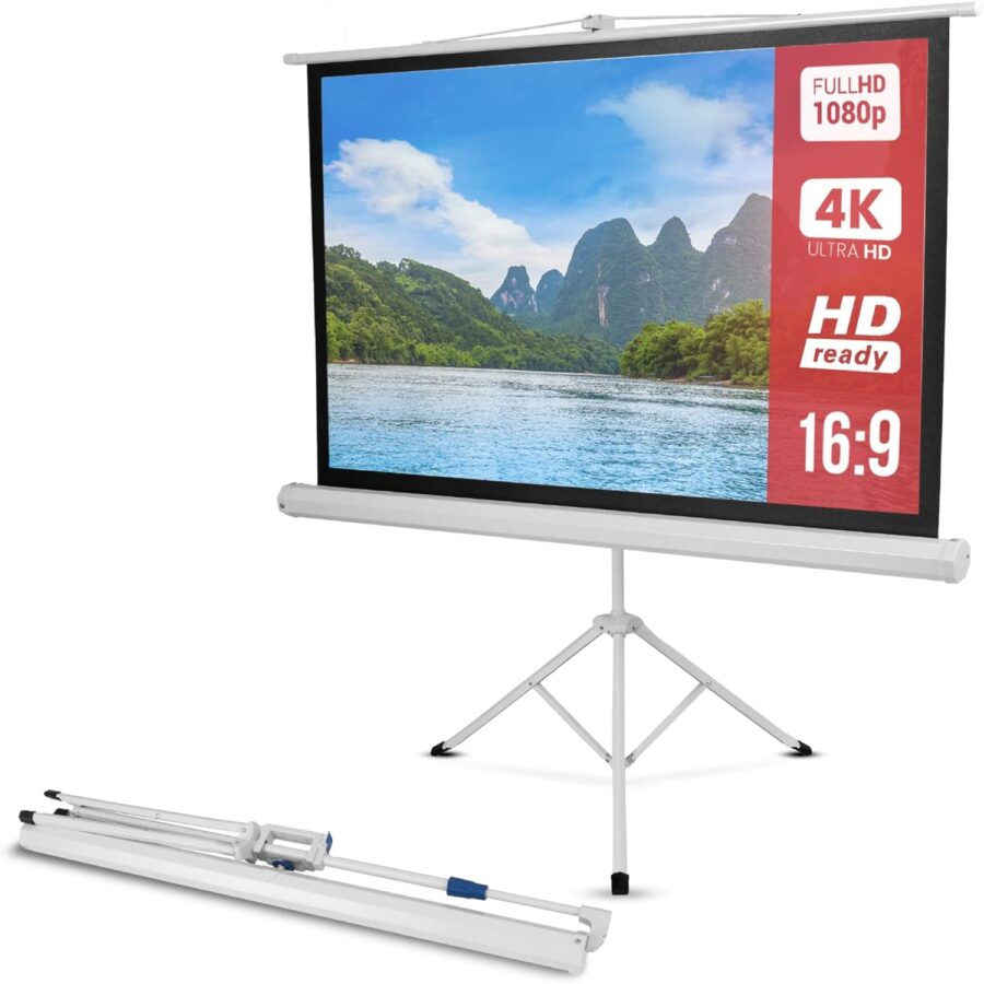 Portable projector screen with tripod, displaying a vivid landscape, Full HD 1080p, 4K ready.