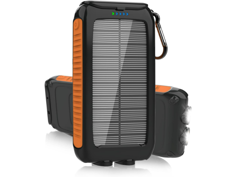 Portable solar charger with LED lights, rugged design, and carabiner for outdoor use.