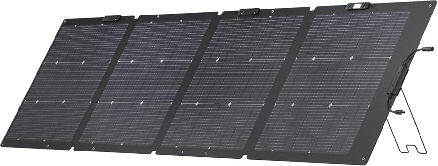 Portable solar panel system with four panels, bifacial design, adjustable kickstand, and connectors.