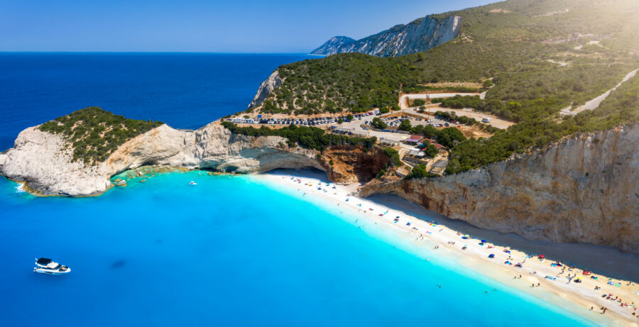 Aerial view of Porto Katsiki beach, showcasing its stunning turquoise waters and white cliffs on Lefkada island, Greece