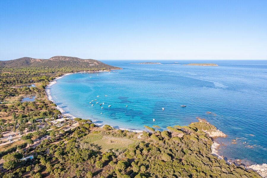 Aerial view of Porto-Vecchio's beach and bay, showcasing the stunning coastline of Corsica, France.