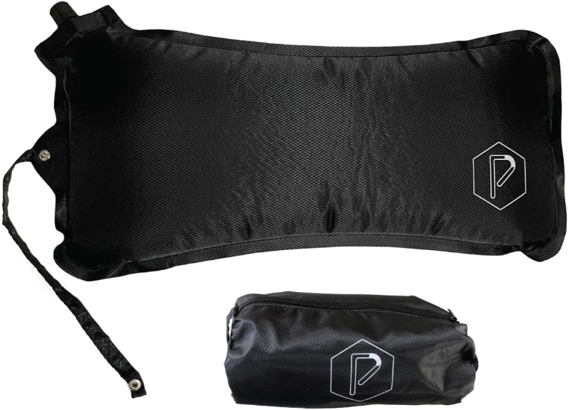 Black travel pillow with a white logo, labeled as Posturely Inflatable Lumbar Pillow.