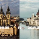 Comparison of Pragues historic spires and Budapests neo-Gothic Parliament along the Danube.