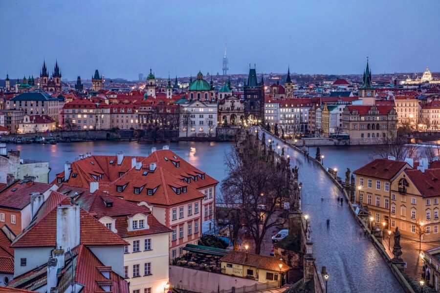 prague twilight aerial view