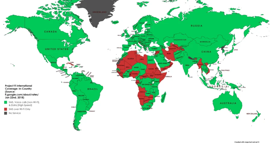 Global Google Fi coverage map showing service availability in 2018.