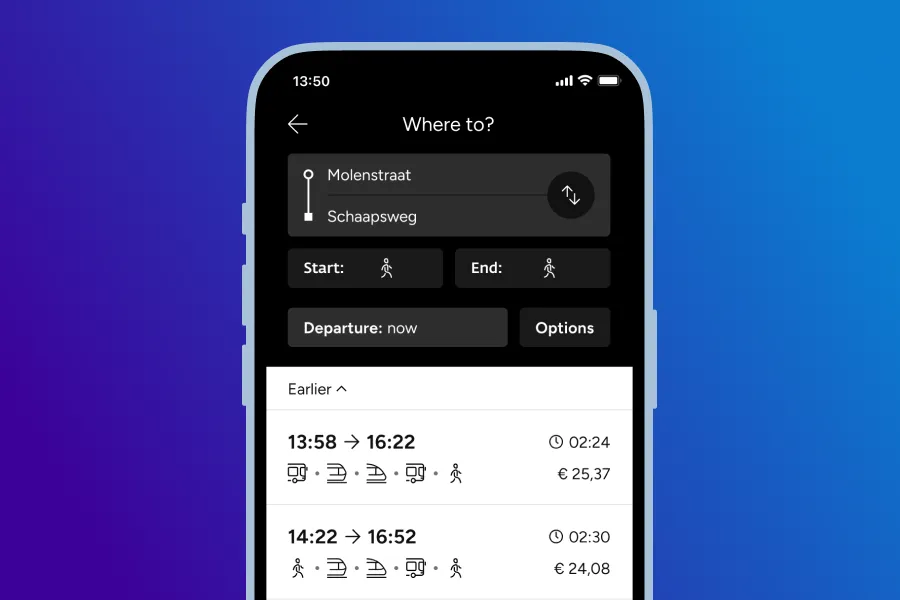 Mobile public transport route planner app screen showing journey options, times, fares and walking directions.