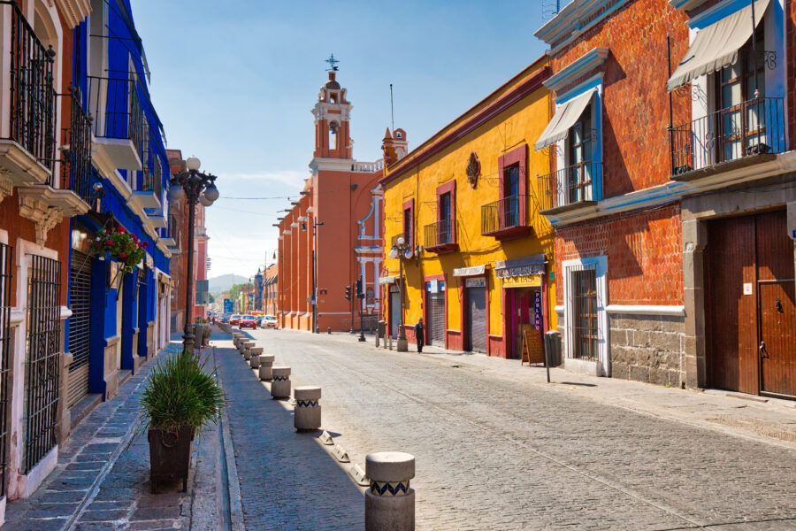 Charming streets in the historical center of Puebla, Mexico, the history of colonial buildings and cafés