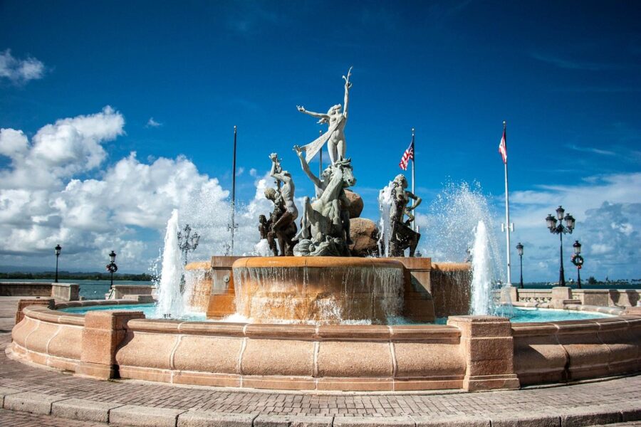 Dramatic bronze fountain monument at Paseo de la Princesa, Old San Juan Puerto Rico waterfront.