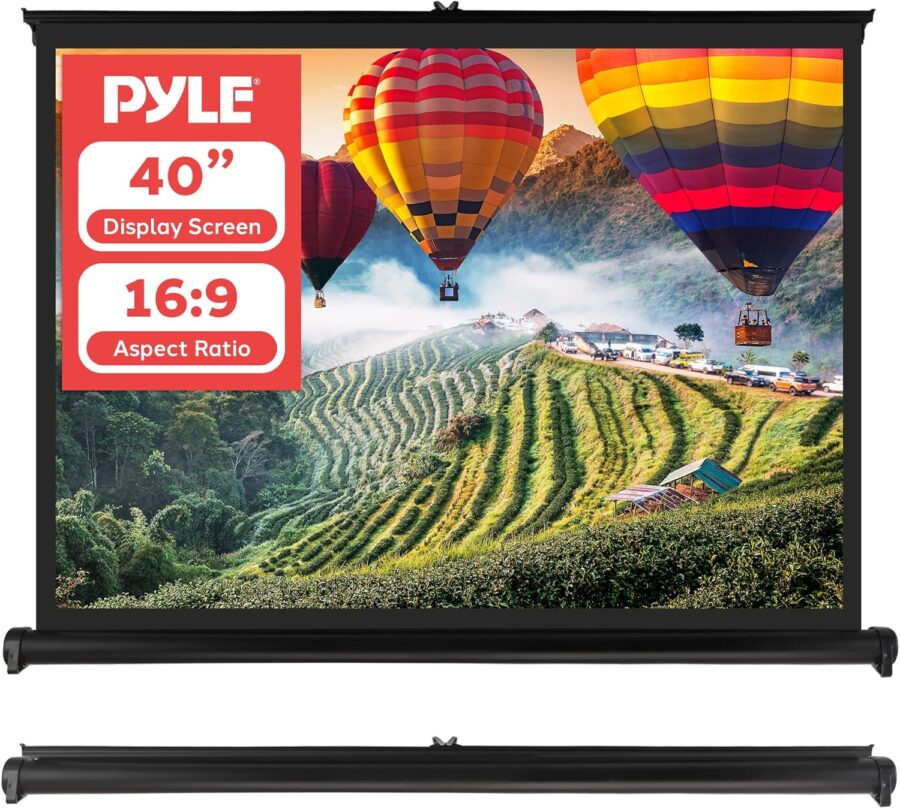 Pyle 40-inch display featuring vibrant hot air balloons over terraced hills.