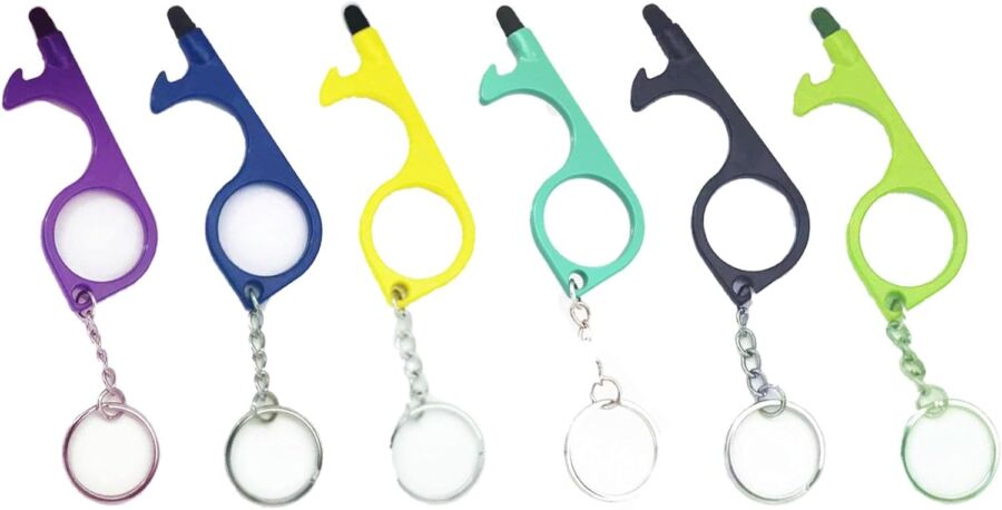 Set of six colorful glasses attached to a keychain, labeled as QPOIBSD No Touch Door Opener Keychain 6-Pack.