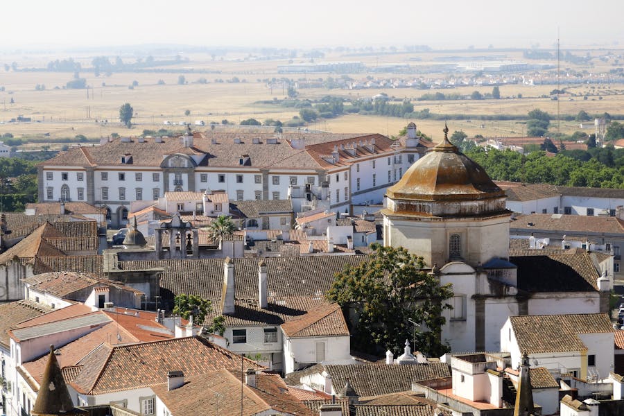 Picturesque view of Évora, Portugal: historic architecture, terracotta rooftops, lush countryside.