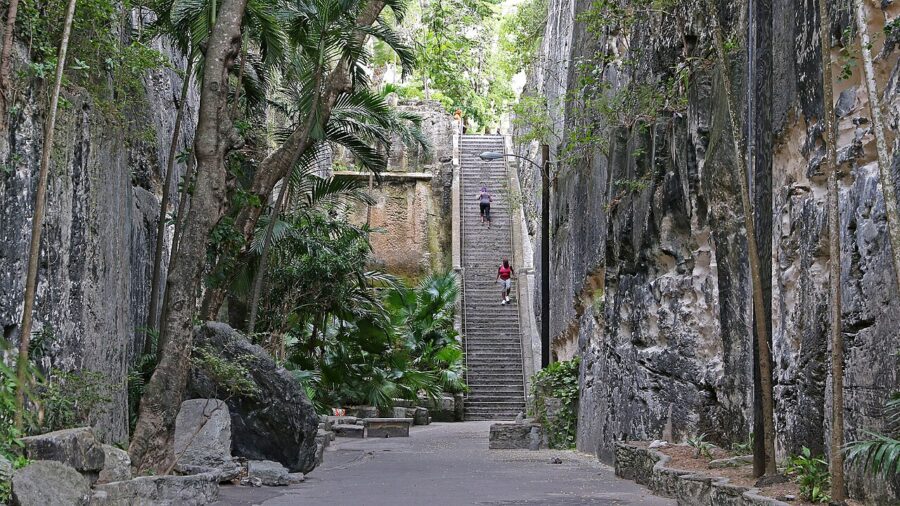 Queen’s Staircase narrow stone path flanked by tall rock walls and lush greenery leads to a long staircase with people climbing. The setting feels serene and majestic.

