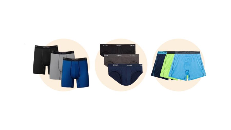 Three sets of men's underwear in circles: gray, black, and blue boxer briefs, dark and light briefs, and blue with green trim boxer briefs.